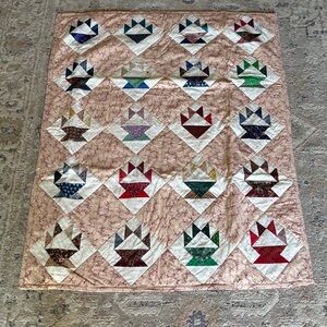 Handmade Pink Floral Patchwork Basket Quilt - Multicolor Accents